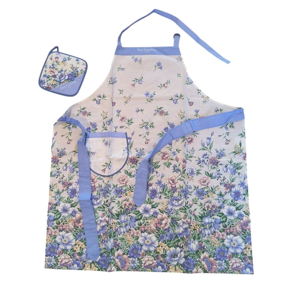 Guy Laroche Paris Apron and pot holder kitchen set white purple floral